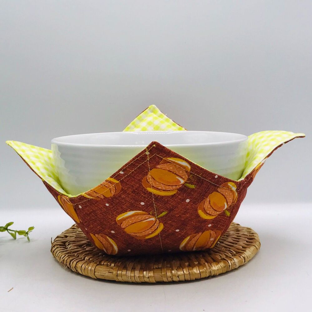 Microwave Soup Bowl Cozy, Reversible, Pumpkins and Neon Yellow Gingham